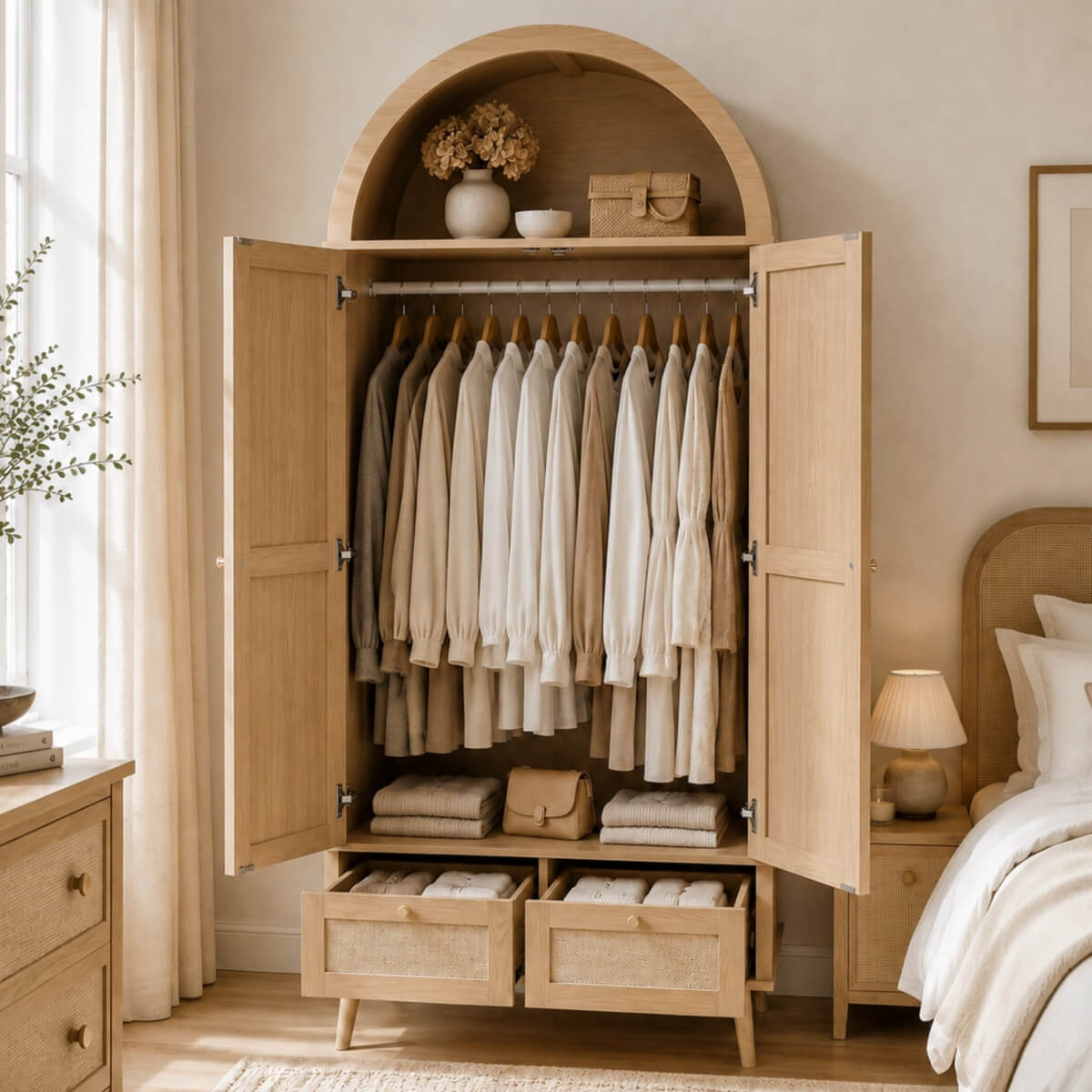 180cm Rattan Effect 2 Door Wardrobe with Arched Top - Natural Oak Storage Wardrobe with Hanging Rail, Display Shelf and 2 Drawers