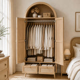 180cm Rattan Effect 2 Door Wardrobe with Arched Top - Natural Oak Storage Wardrobe with Hanging Rail, Display Shelf and 2 Drawers