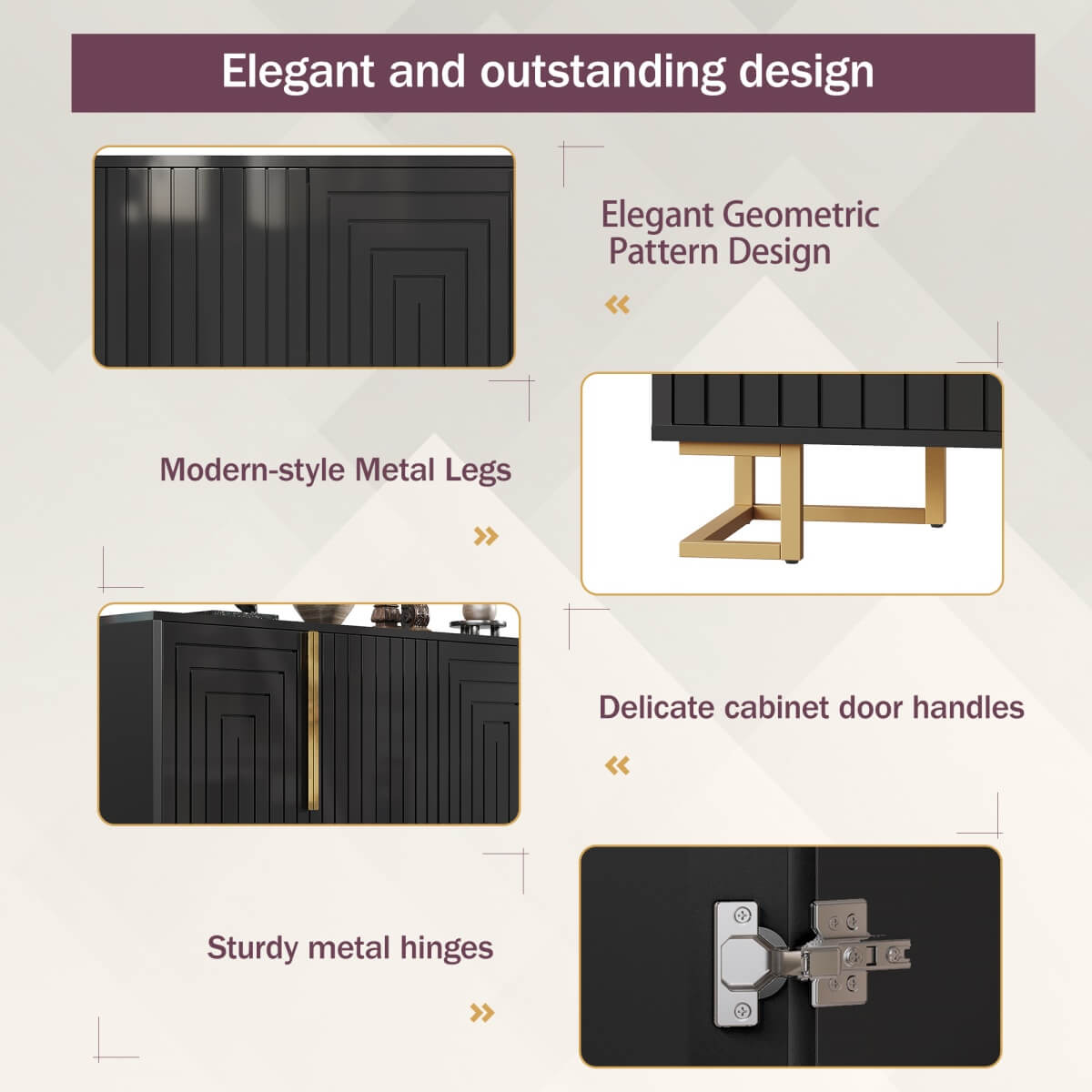 Black Sideboard with Geometric Design - Modern Storage Cabinet with Gold Handles and Gold Legs