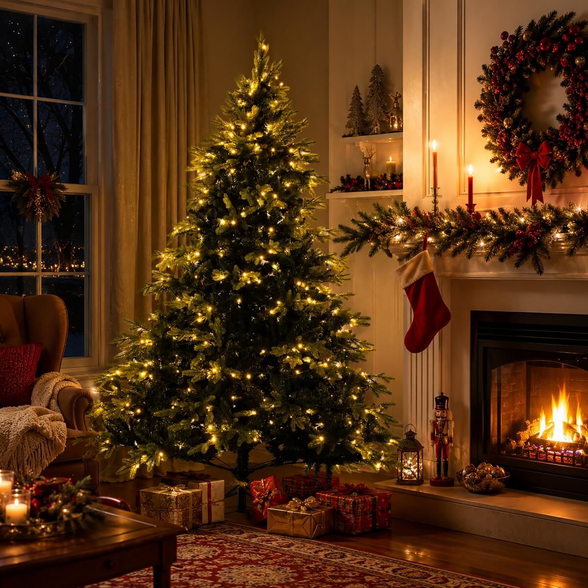 Realistic Full Green Artificial Christmas Tree - PVC & PE Mixed-Foliage Xmas Tree with Pre-Lit Warm White LED Lights, Easy Setup, 6ft/7ft/8ft