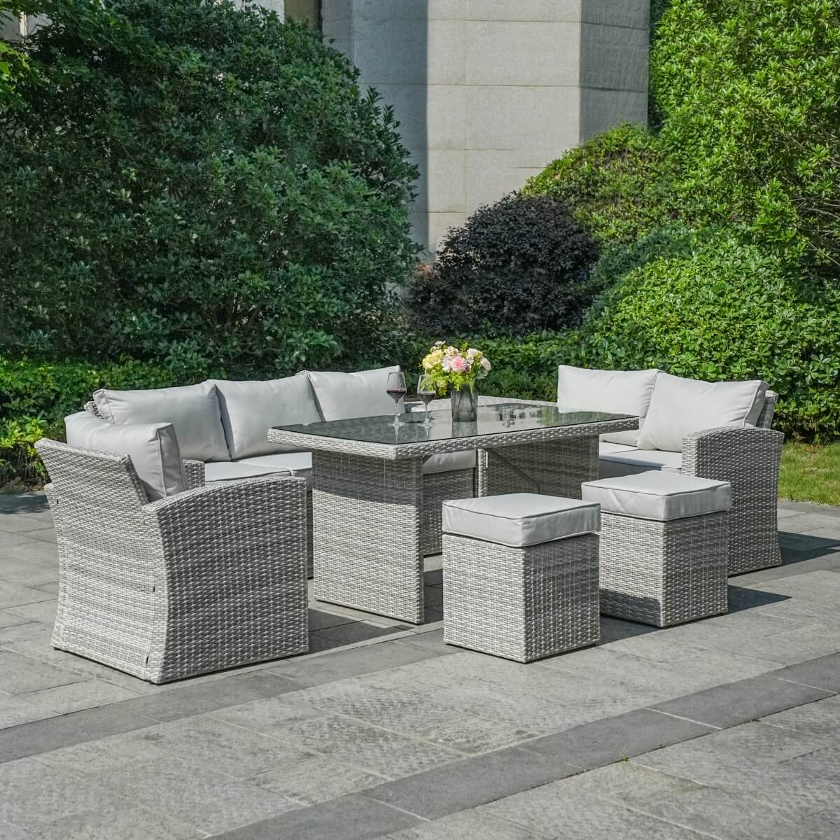 8 Seater Outdoor Rattan Sofa Set with Side Table & Footstools - Garden Furniture Set, Whitewash