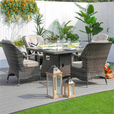 4-Seater Rattan Fire Pit Table Set - Square Gas Fire Pit Table with Wind Guard & Tempered Glass, Brown