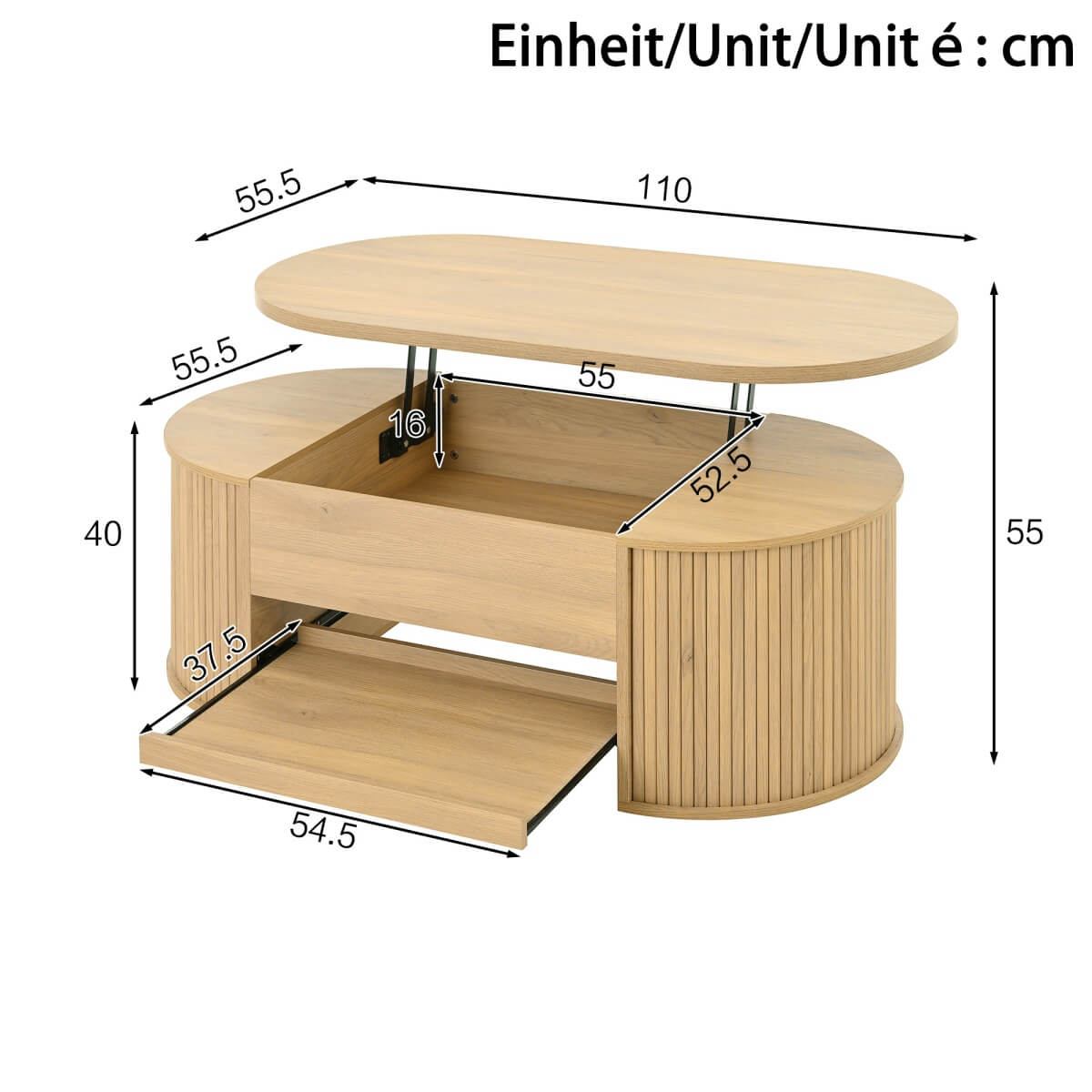 Lift-Top Coffee Table with Curved Wood Design - Extendable Storage Centre Table for Living Room