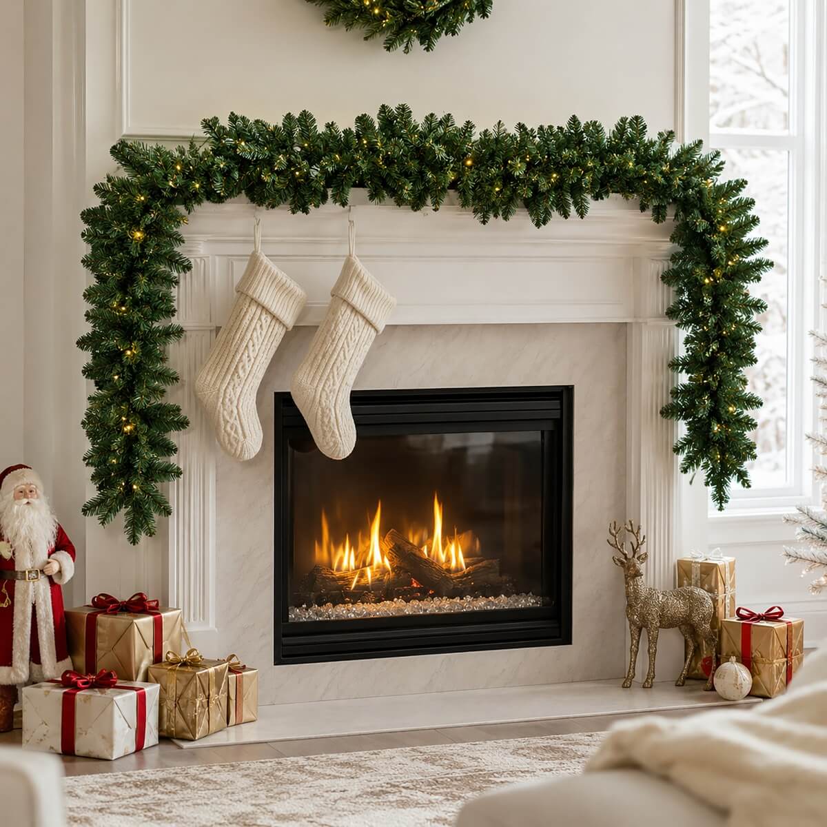 Pre-Lit Christmas Garland - Realistic PVC Foliage Garland with LED Lights for Festive Decoration