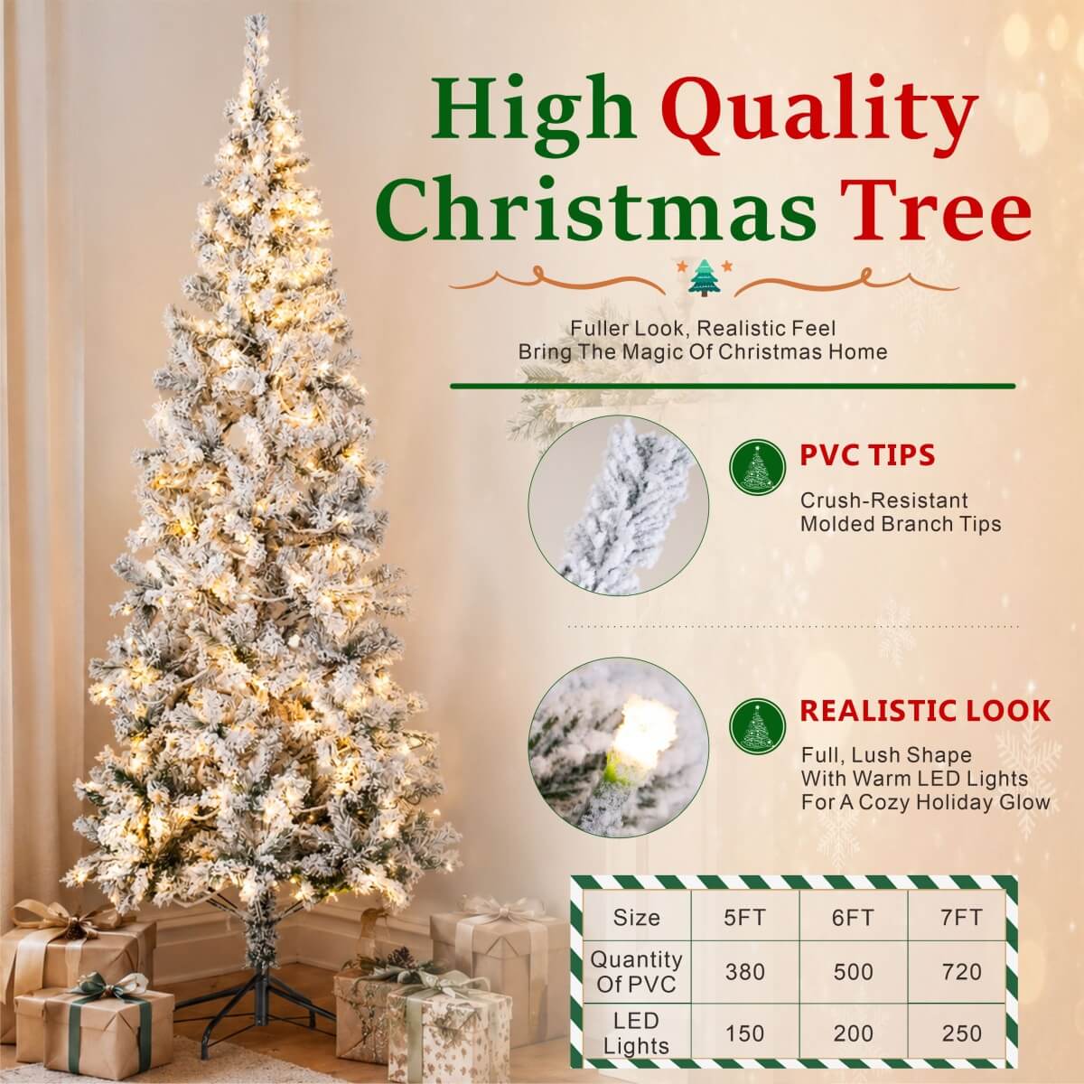Snow-Flocked Green Artificial Christmas Tree - Realistic Full PVC Xmas Tree with Pre-Lit Warm White LED Lights & Faux Snow Effect, 5ft/6ft/7ft