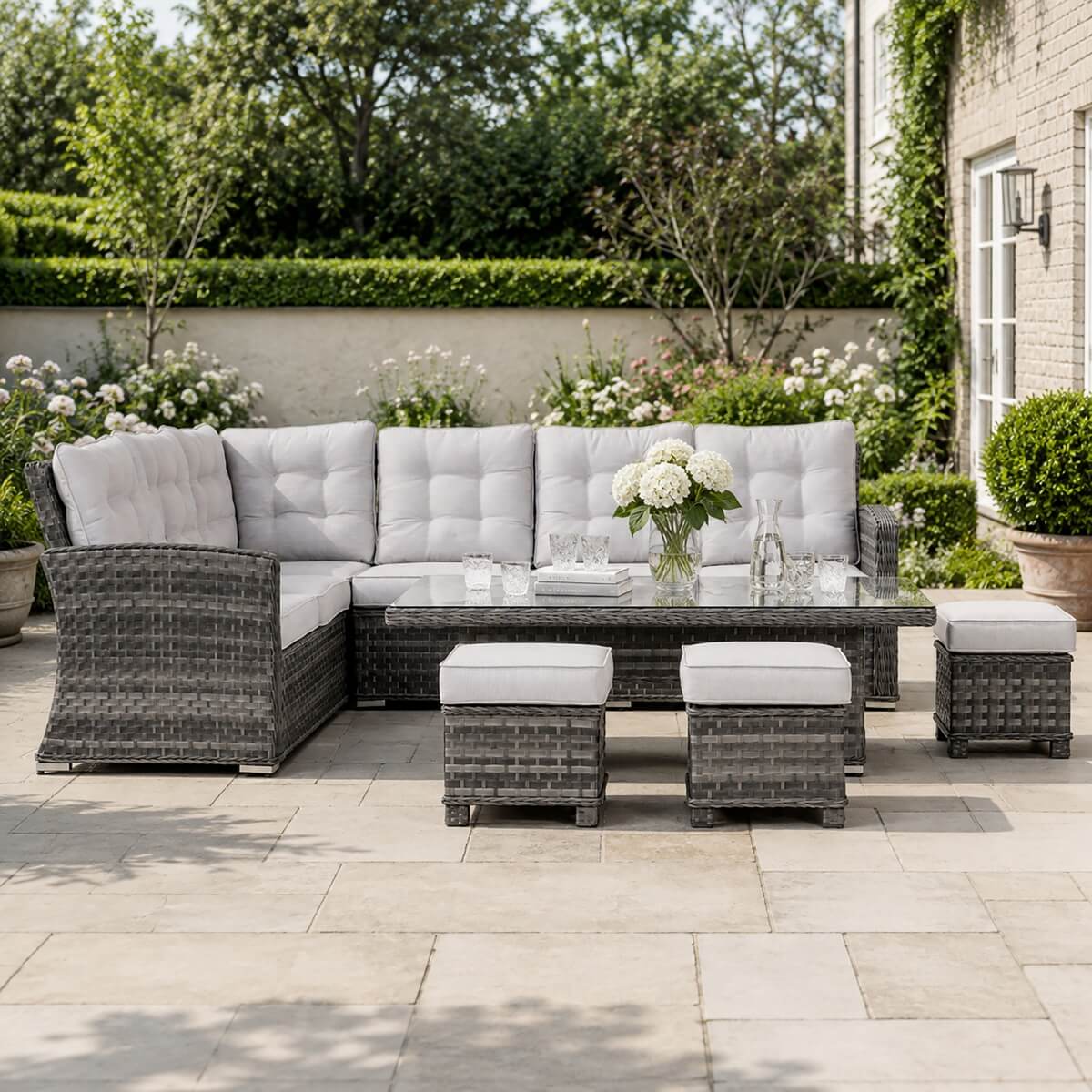 9-Seater Outdoor Corner Sofa Set - Garden Rattan Corner Sofa with Rectangular Lift-Top Table & Footstools