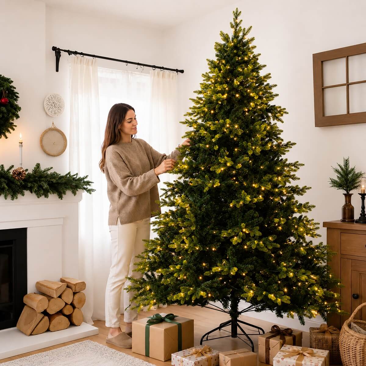 Realistic Full Green Artificial Christmas Tree - PVC & PE Mixed-Foliage Xmas Tree with Pre-Lit Warm White LED Lights, Easy Setup, 6ft/7ft/8ft