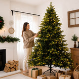 Realistic Full Green Artificial Christmas Tree - PVC & PE Mixed-Foliage Xmas Tree with Pre-Lit Warm White LED Lights, Easy Setup, 6ft/7ft/8ft