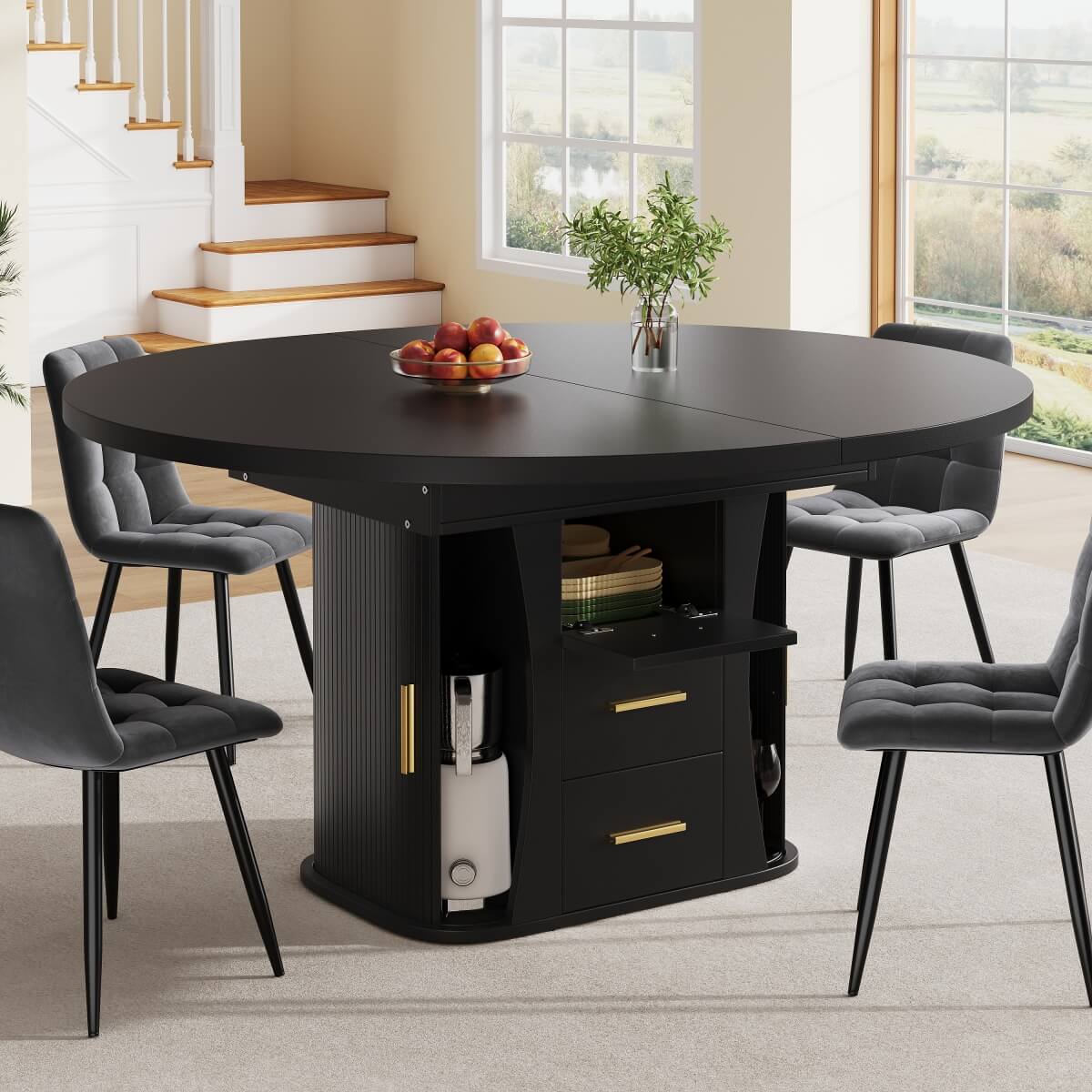 Extendable Round Dining Table 118–158cm - Kitchen Table Converts to Oval, Seats 6, 3-Tier Storage, Black