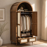 180cm Rattan Effect 2 Door Wardrobe with Arched Top - Walnut and Beige Storage Wardrobe with Hanging Rail, Display Shelf and 2 Drawers