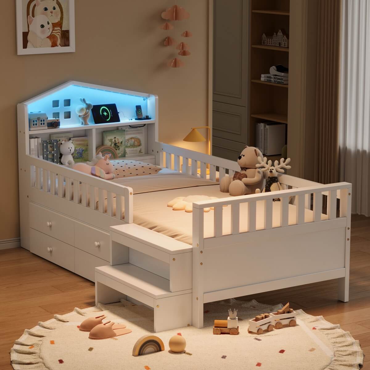 3ft Single Wooden Storage Bed with LED House Headboard, Drawer, USB & Type-C Charging, White