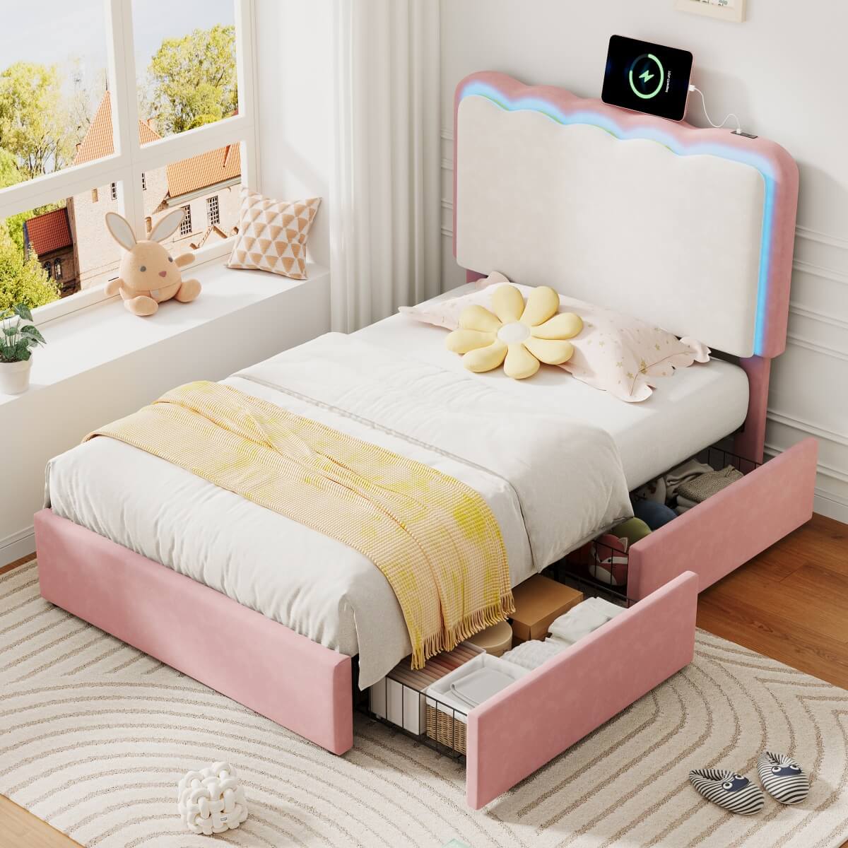 3ft Velvet Upholstered Bed with LED Wavy Headboard - Single Storage Bed with Drawers, Pink & Cream White
