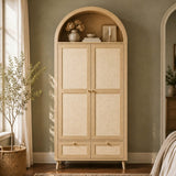 180cm Rattan Effect 2 Door Wardrobe with Arched Top - Natural Oak Storage Wardrobe with Hanging Rail, Display Shelf and 2 Drawers