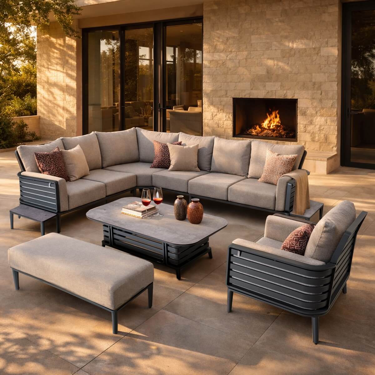 AUREL 9-Seater Aluminium Modular L-Shaped Outdoor Corner Sofa Set - 9 Pieces