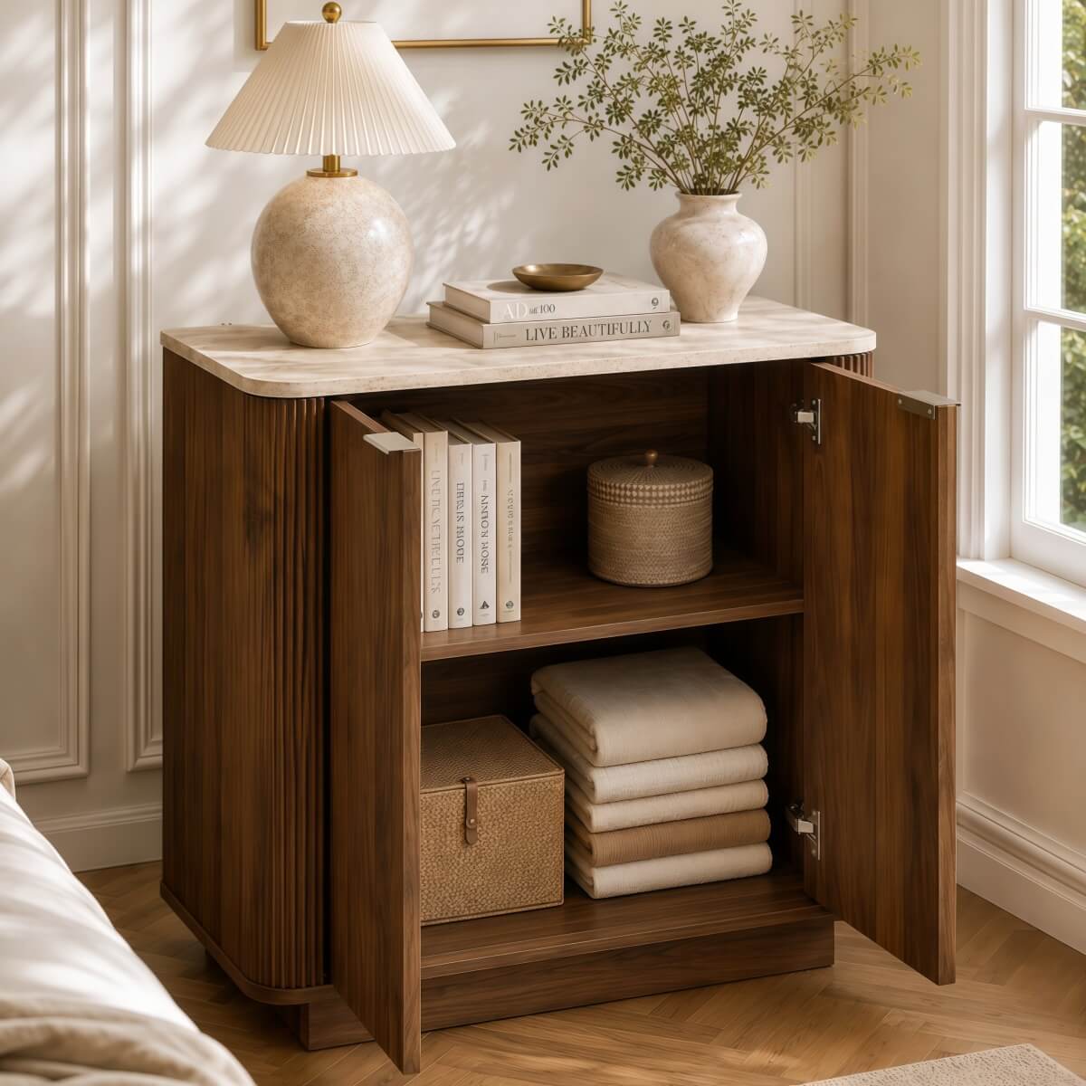 Fluted 2-Door Sideboard - Walnut Effect with Travertine Effect Top, 2-Tier Shelves, Rounded Corners and Metal Handles