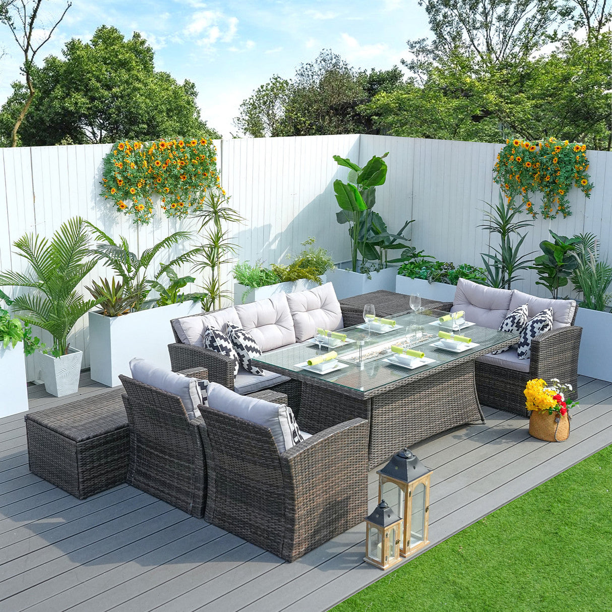 Savannah Sunset 6-Piece Outdoor Rattan Fire Pit Set with Sofas & Storage (PAG-1503+1106R)
