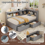 3ft Single L-Shape Daybed with 2 Storage Drawers & Bookcase - Modern Wooden Bed Frame with Charging Station, Grey