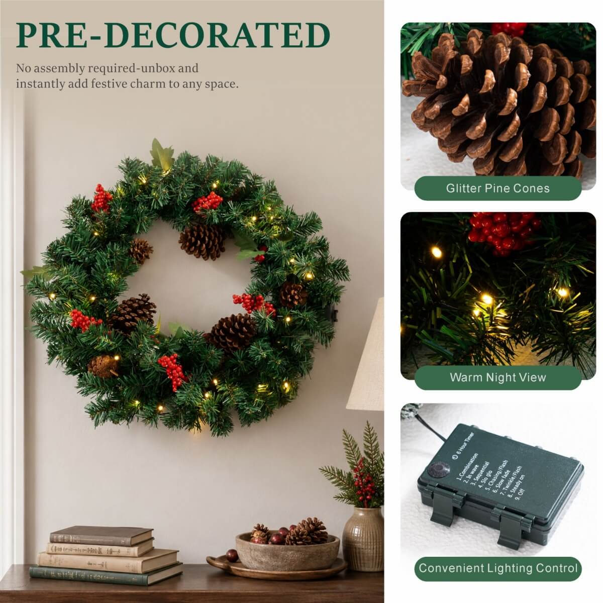 PVC & PE Evergreen Christmas Wreath with Red Berry Clusters & Pine Cones