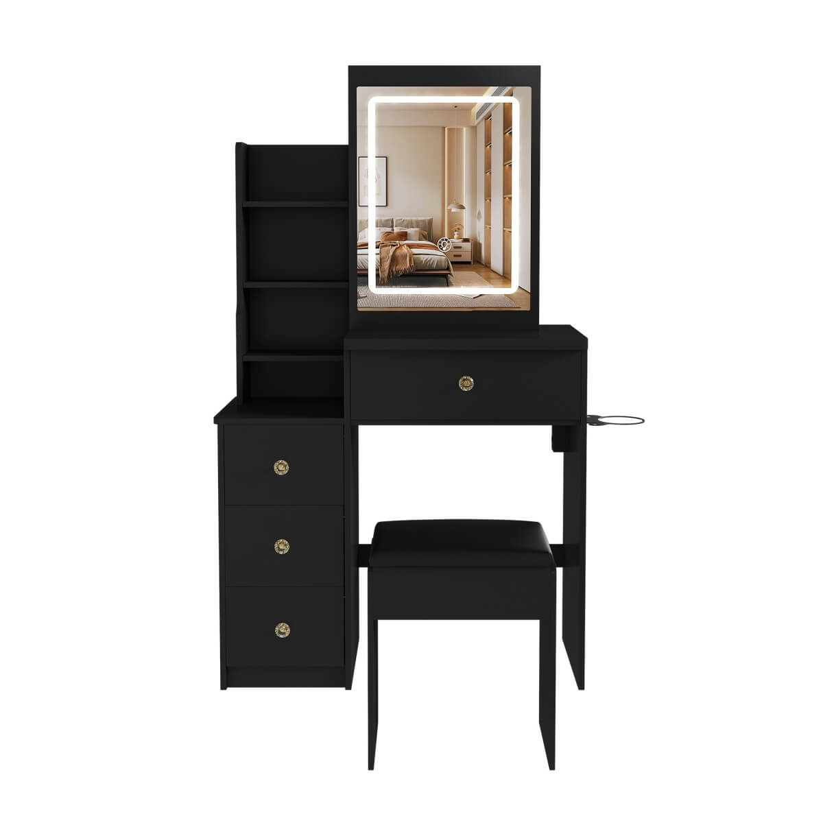 Modern Black Vanity Desk with 3-Mode LED Lighting - Dressing Table with 4 Drawers, Open Storage Shelves, Hair Dryer Holder, Power Socket & Chair