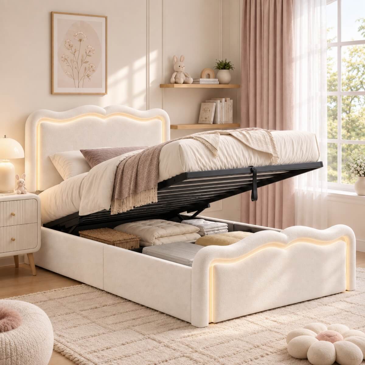 3ft Single Velvet Ottoman Storage Bed - Upholstered Hydraulic Bed with LED Lights, Wave Headboard and Metal Slatted Base, Cream White