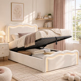 3ft Single Velvet Ottoman Storage Bed - Upholstered Hydraulic Bed with LED Lights, Wave Headboard and Metal Slatted Base, Cream White