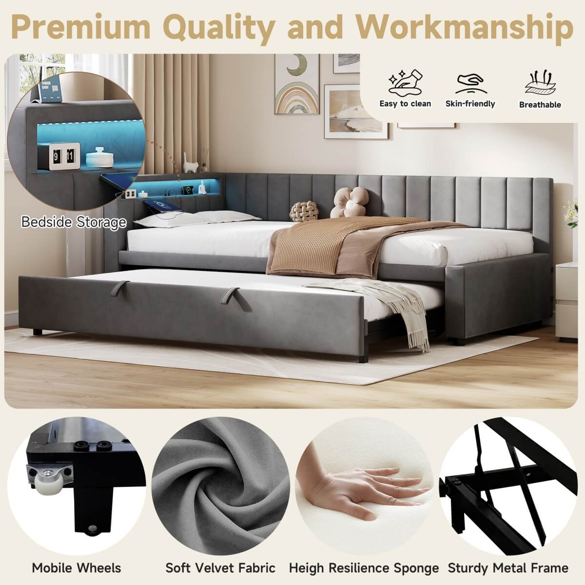 3ft Single Velvet Daybed with Trundle - Reversible Sofa Bed with RGB LED Lights and Charging Station, Grey