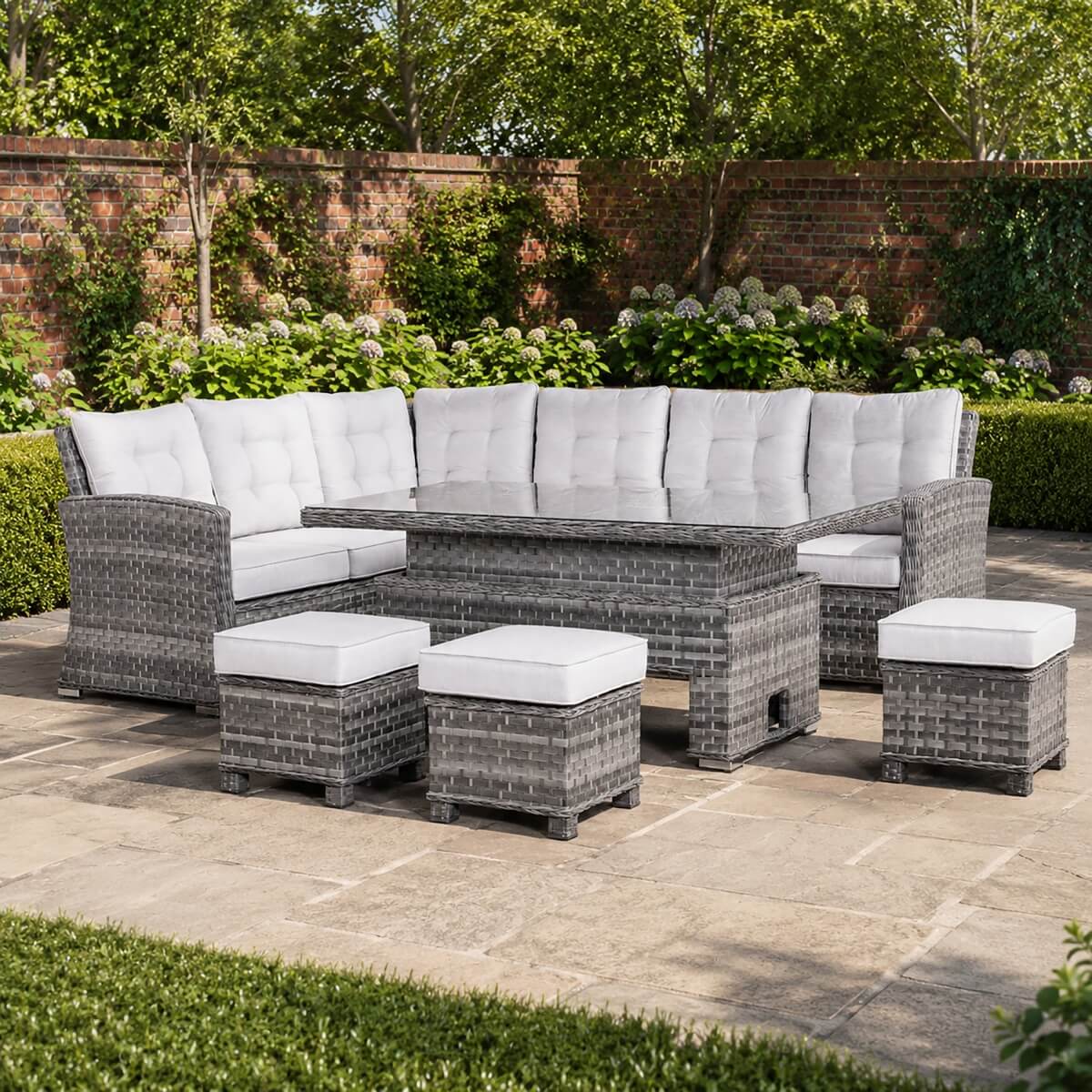 9-Seater Outdoor Corner Sofa Set - Garden Rattan Corner Sofa with Rectangular Lift-Top Table & Footstools