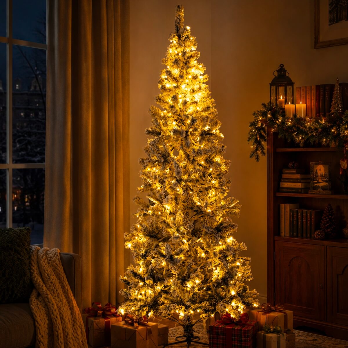 Snow-Flocked Green Artificial Christmas Tree - Realistic Full PVC Xmas Tree with Pre-Lit Warm White LED Lights & Faux Snow Effect, 5ft/6ft/7ft