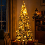 Snow-Flocked Green Artificial Christmas Tree - Realistic Full PVC Xmas Tree with Pre-Lit Warm White LED Lights & Faux Snow Effect, 5ft/6ft/7ft