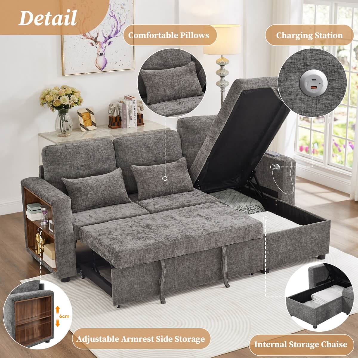 3-in-1 L-Shaped Sofa Bed - Grey Chenille Sectional Sleeper with Storage Chaise and USB/Type-C Charging