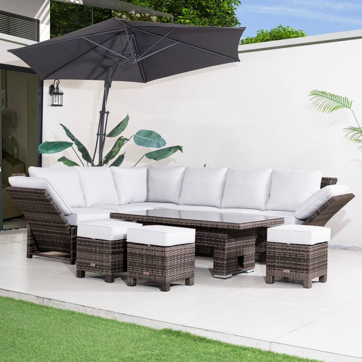 Premium Aluminium Modular Sofa Set - 9-Seater with Gas-Lift Armrests & Adjustable Table, Grey/Brown