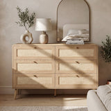 120cm 6 Drawer Chest of Drawers - Rattan Effect Bedroom Storage Dresser with Rounded Corners and Raised Legs, Natural Oak