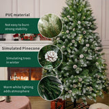 Snow Flocked Artificial Christmas Tree with Pine Cones - Full PVC Xmas Tree with 8-Mode Warm White LED Lights, 6ft/7ft