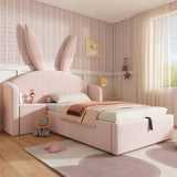 3ft Bunny Ears Kids Storage Bed with Hydraulic Lift & Bedside Shelf - Upholstered Single Bed, Rose