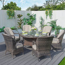 6 Seater Outdoor Rattan Dining Set - Round Table with Tempered Glass Top, Lazy Susan & Parasol Hole
