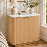 Fluted 2-Door Sideboard - Oak Effect with Marble Effect Top, 2-Tier Shelves, Rounded Corners and Metal Handles