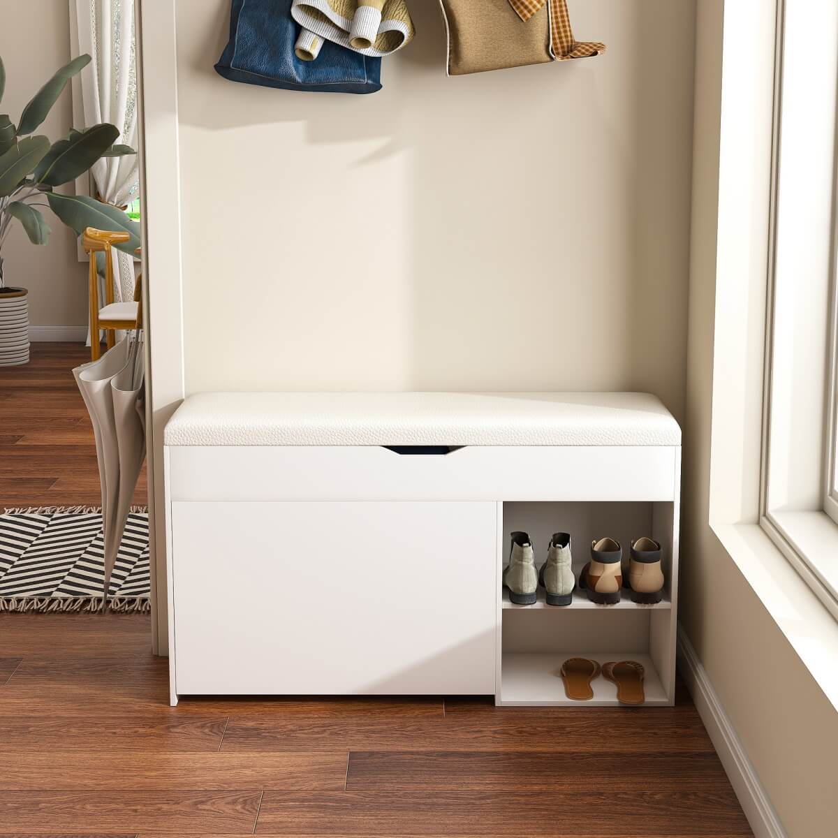 Entryway Shoe Storage Bench - 3-Tier Flip-Up Drawers and Hidden Cabinet, Space-Saving Design, White