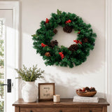 PVC & PE Evergreen Christmas Wreath with Red Berry Clusters & Pine Cones