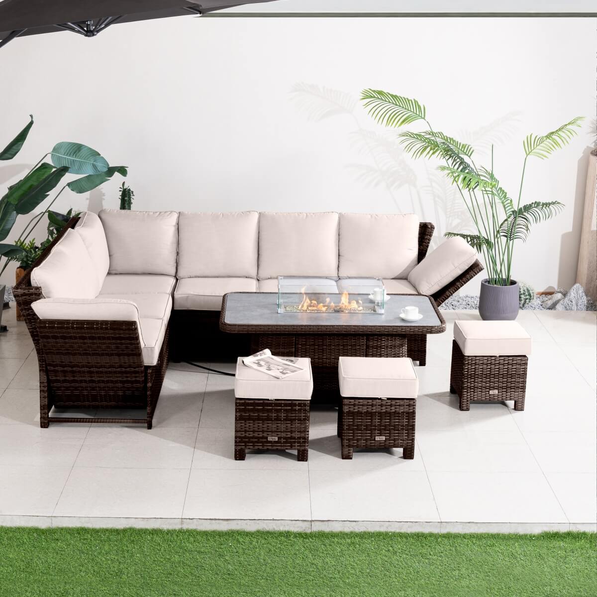 9-Seater Aluminium Fire Pit Sofa Set - Lift-Top Table with Adjustable Armrests