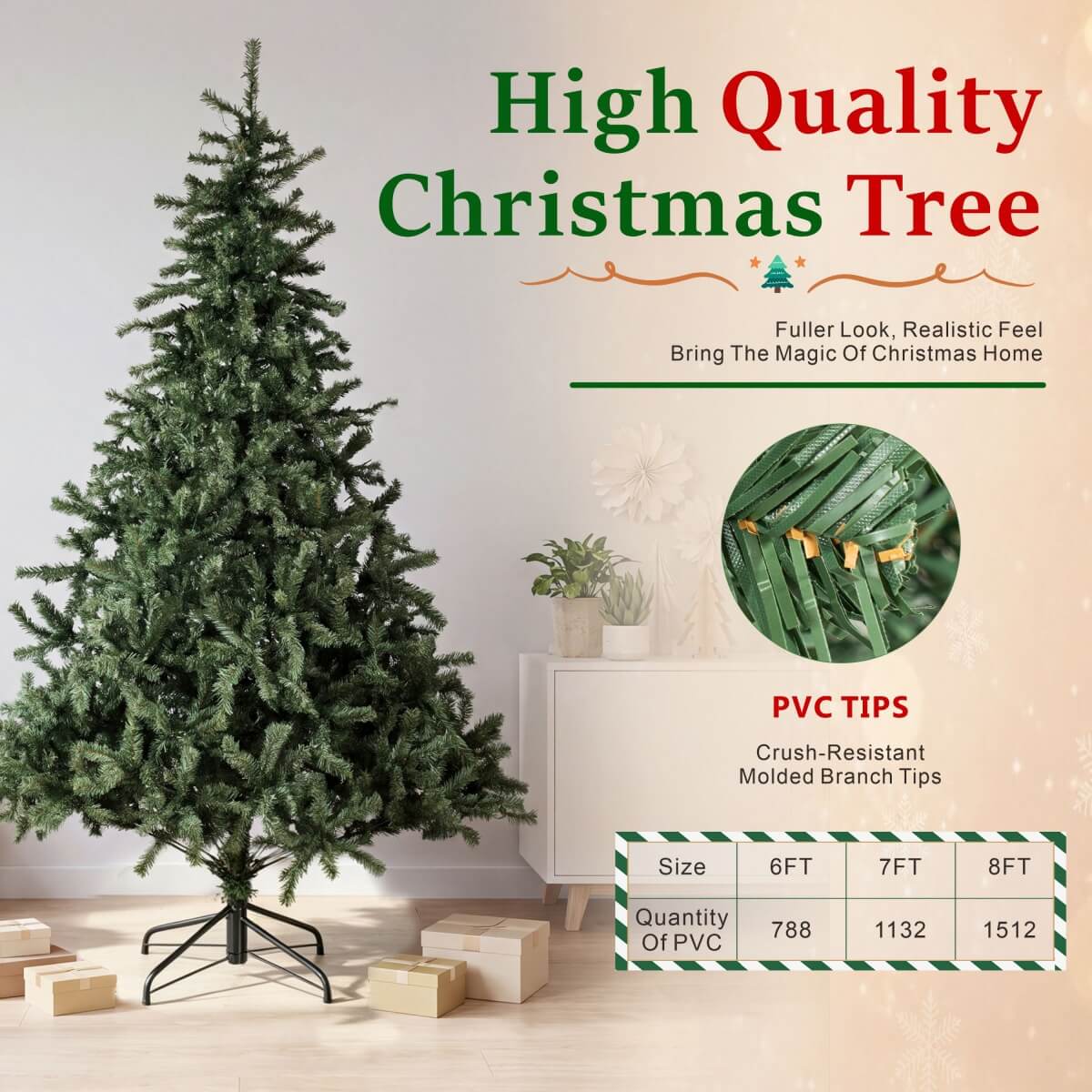 Realistic Full Green Artificial Christmas Tree - PVC Xmas Tree for Easy Setup & Indoor Festive Decoration, 6ft/7ft/8ft