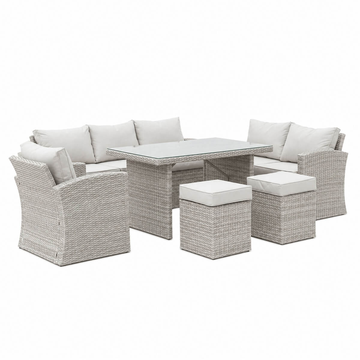 8 Seater Outdoor Rattan Sofa Set with Side Table & Footstools - Garden Furniture Set, Whitewash