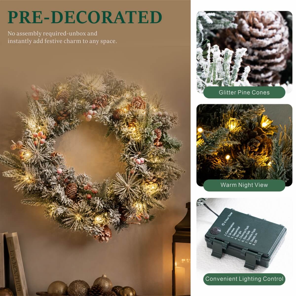 Snow-Flocked Christmas Wreath with Pine Cones & Red Berries - PVC Wreath with Pre-Lit LED Lights