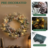 Snow-Flocked Christmas Wreath with Pine Cones & Red Berries - PVC Wreath with Pre-Lit LED Lights
