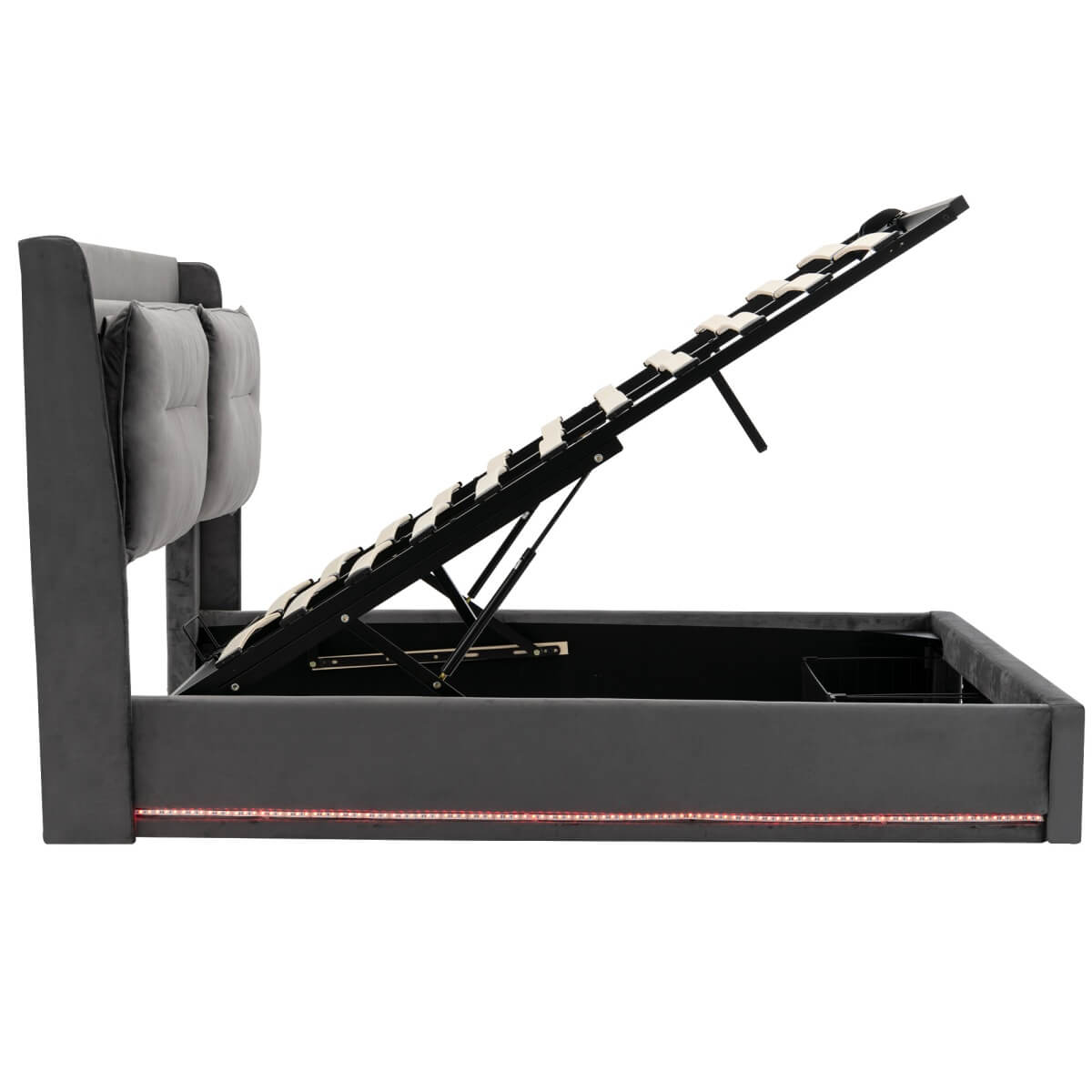 4ft6 Double Upholstered Storage Bed – Velvet Hydraulic Bed with End Drawers, Recessed LED Light Strips & Slatted Frame