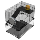 Hamster/Gerbil Cage with Deep Glass Bottom, Non-Slip Ramps, Platforms, Hut, Exercise Wheels, Water Bottle, Dish