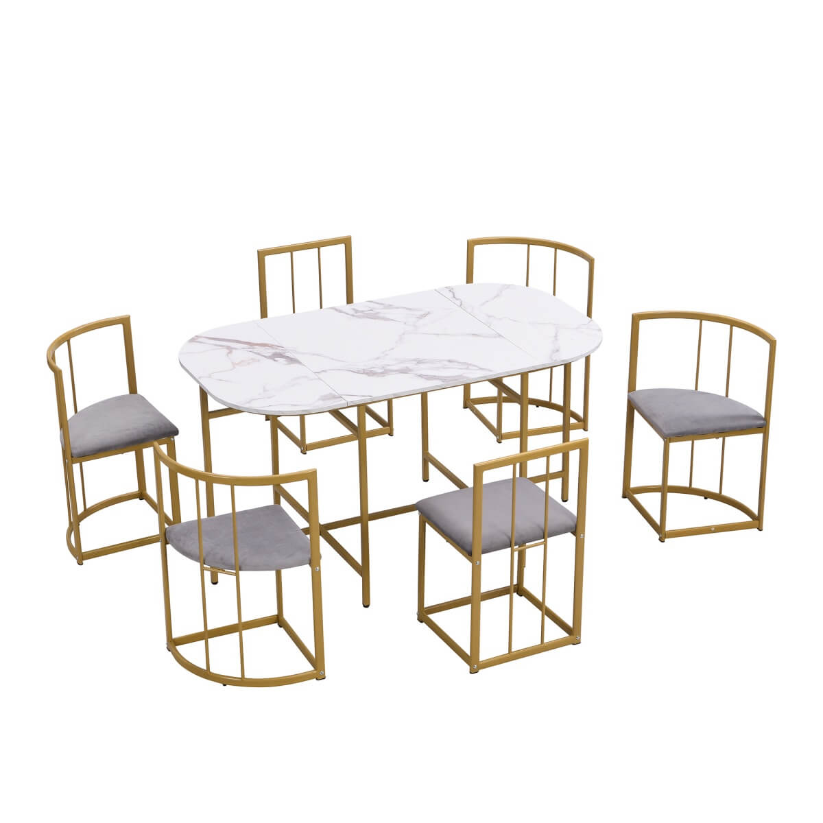 6 Seater Dining Table Set – White Table with Grey Upholstered Chairs, Gold Metal Frame, Modern Dining Room Furniture Set