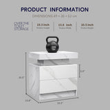 Nightstand LED Bedside Table with 2 Drawers, White Stone