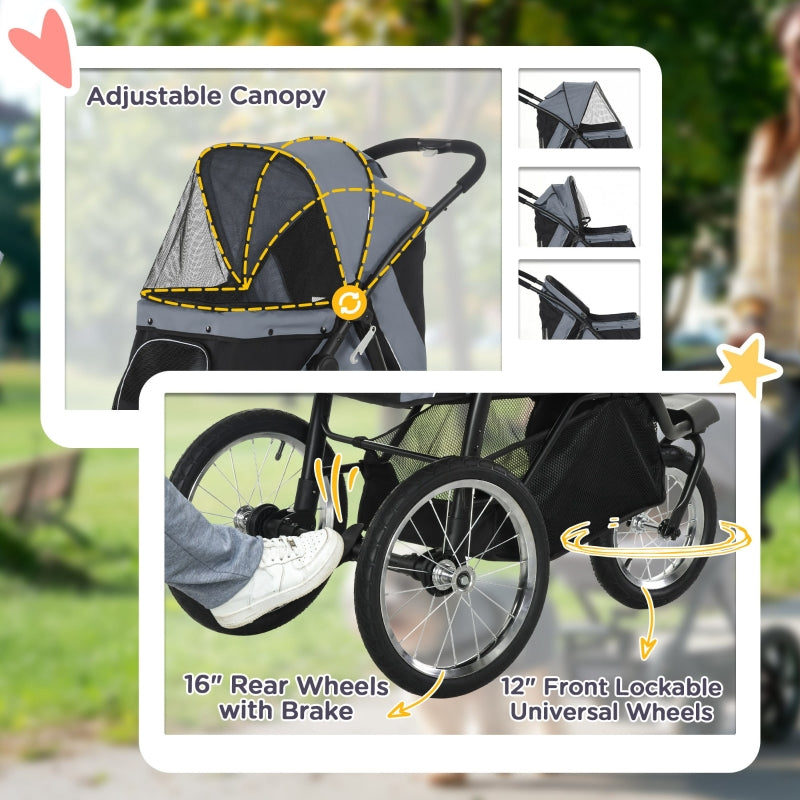 Pet Stroller Jogger, Foldable with Adjustable Canopy, 3 Big Wheels, Grey