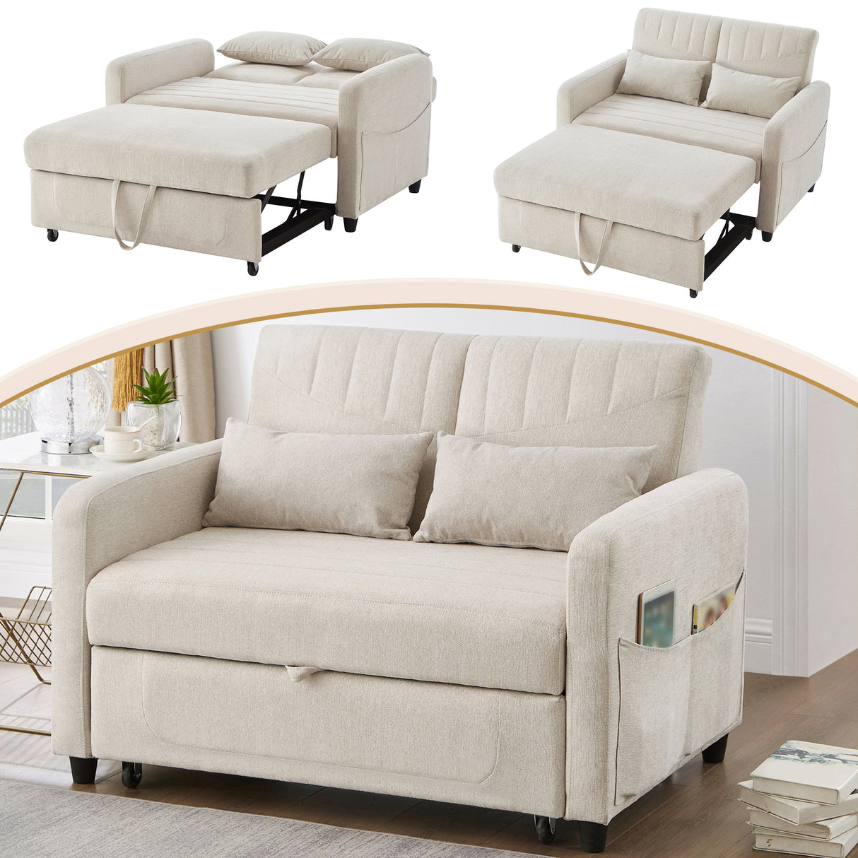 [Sofa Bed with Sleeping Function] Two-Seater Fold-Out Sofa, Pull-Out Design, Simple and Modern, Contemporary Style, Three-Level Adjustable Backrest, Breathable Cotton-Linen Fabric