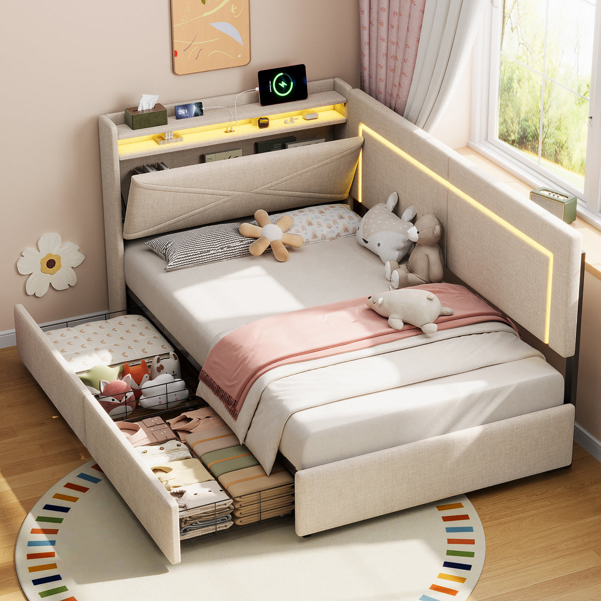 3ft Single Daybed with Two Storage Drawers, LED Concealed Headboard Storage with Charging Station, Modern Linen Sofa Bed for Living Room/ Bedroom/ Study Room, 90X190cm, Beige (No Mattress)